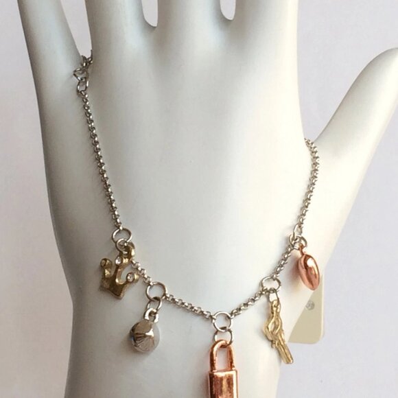 Heart Lock Key Crown Charm Bracelet Anklet 6-8" Love Queen Tri Color Gold Plated - Picture 8 of 12